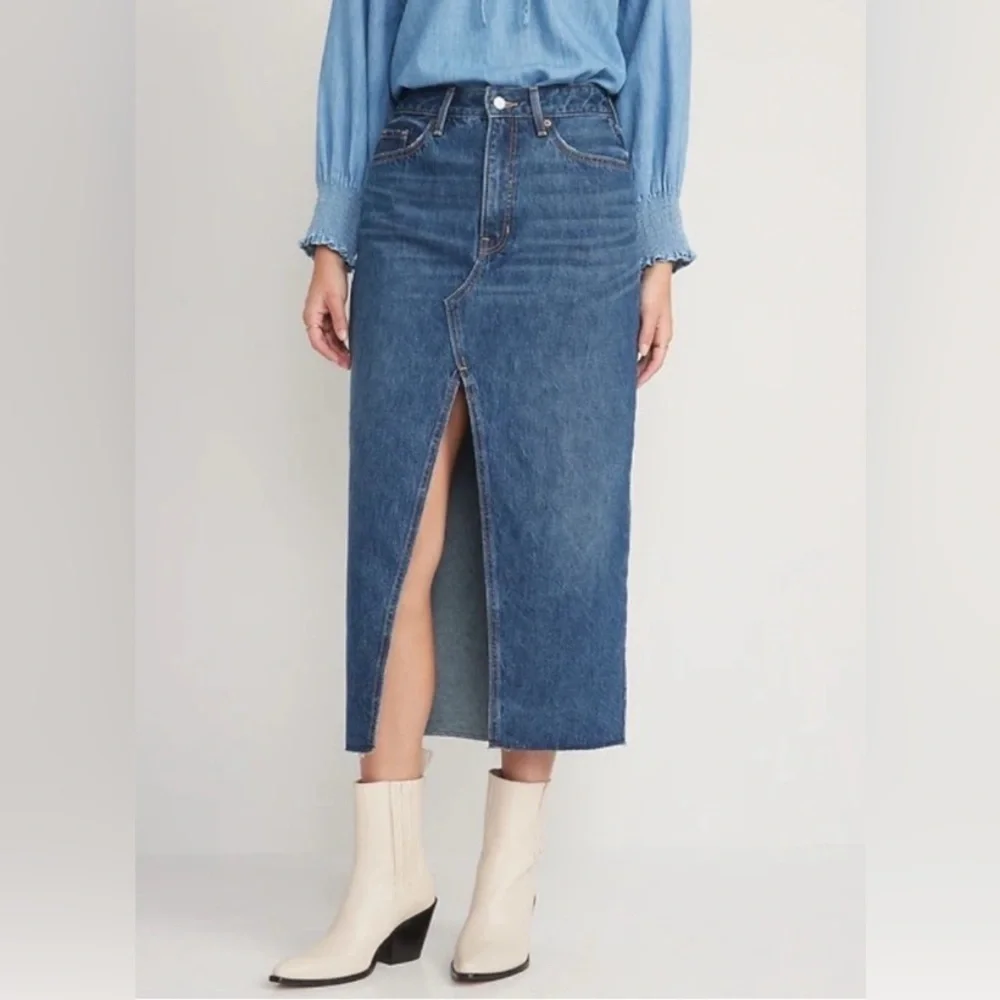 Old Navy High-Waisted Split-Front Cut-Off Non-Stretch Jean Maxi Skirt NWT - 8